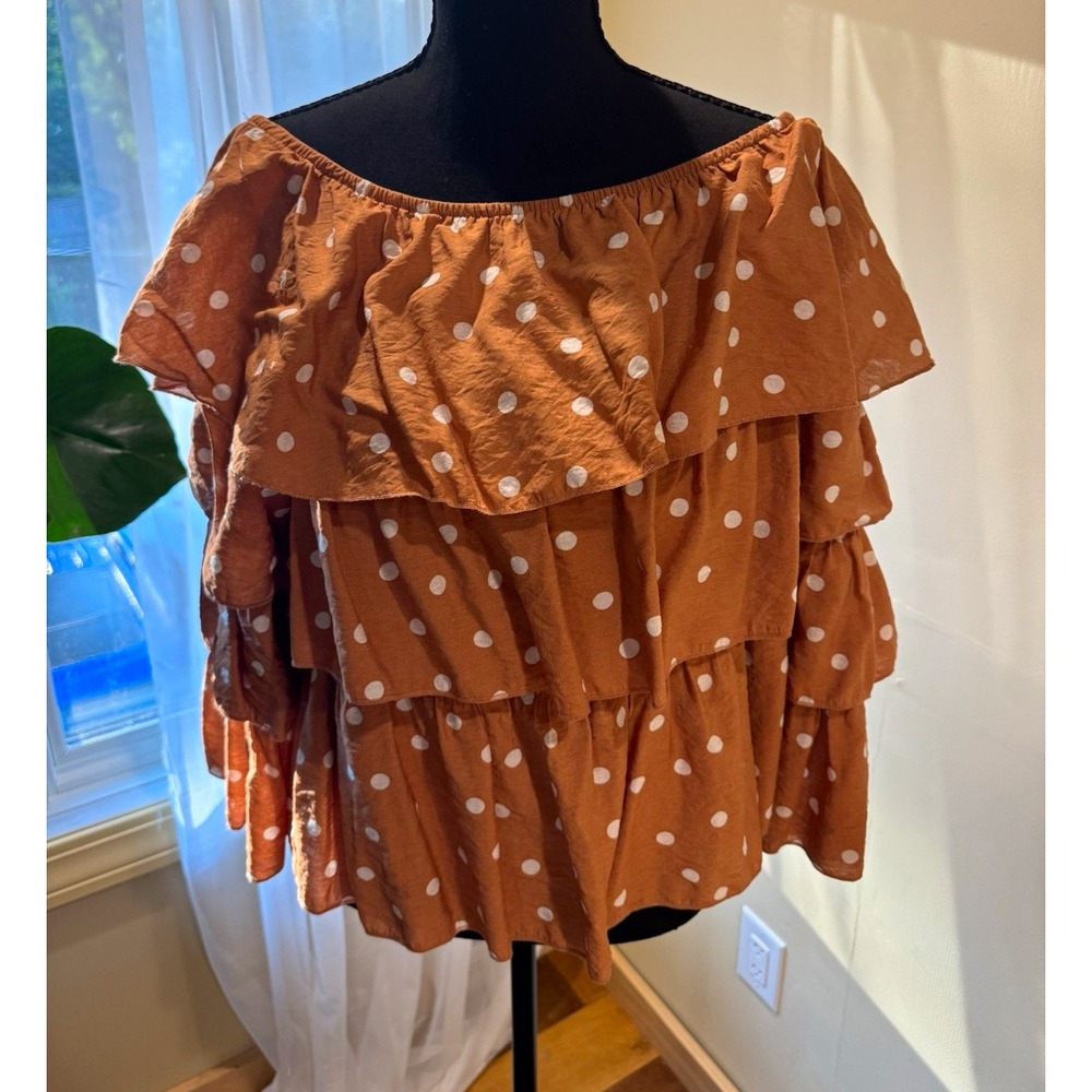 Lula Lily Brown White Polka Dot Off-Shoulder Ruffle Long Sleeve Blouse M